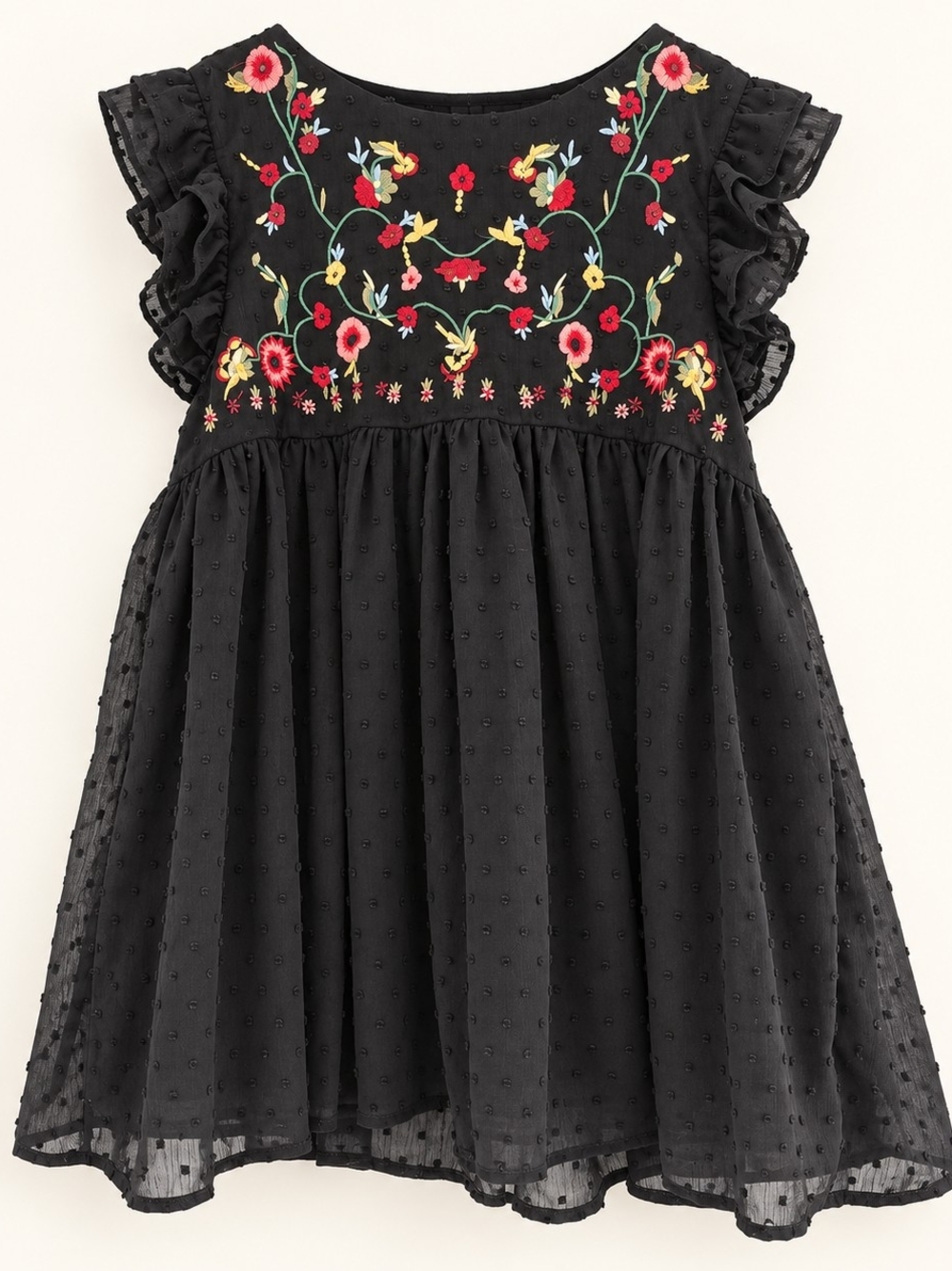 Black Embroidered Floral Ruffle-Sleeve Top Woman